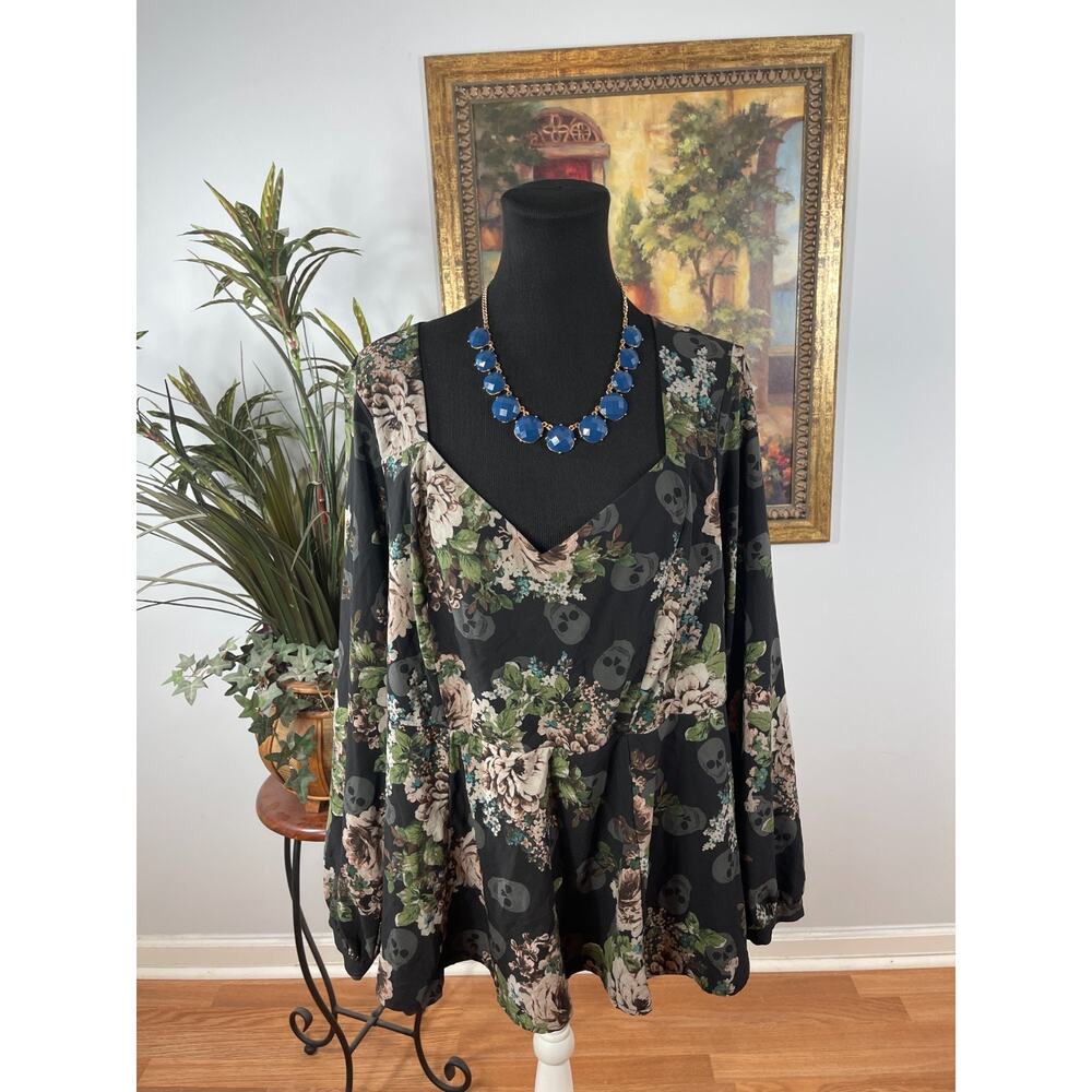 Torrid Peplum Blouse Womens 3 Black Floral Skull Crepe Sweetheart Pastel Goth